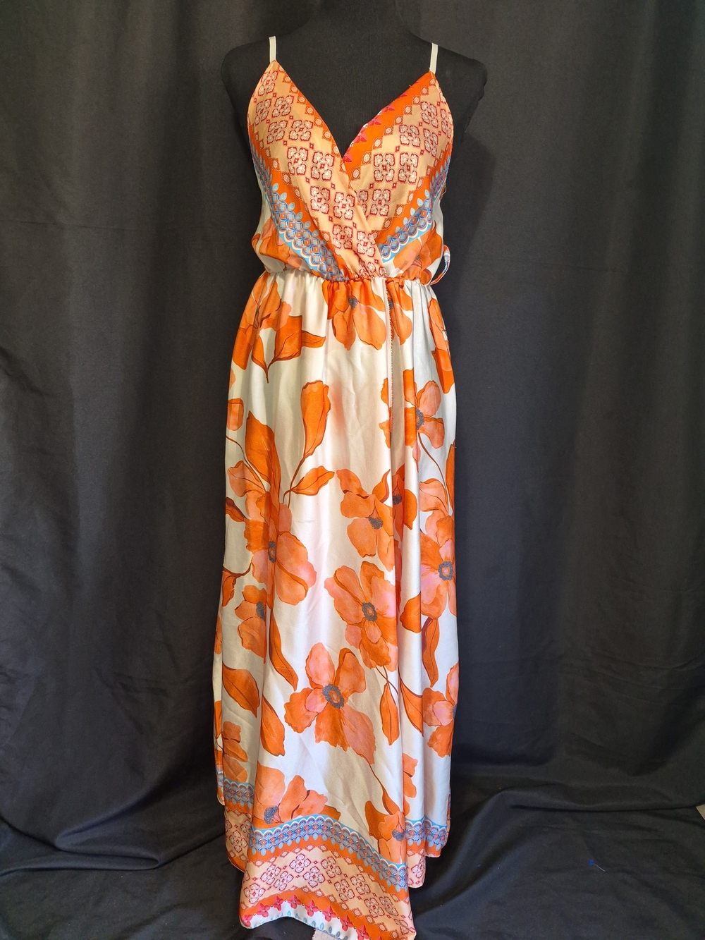 Orange Floral V-Neck Spaghetti Strap Maxi Dress